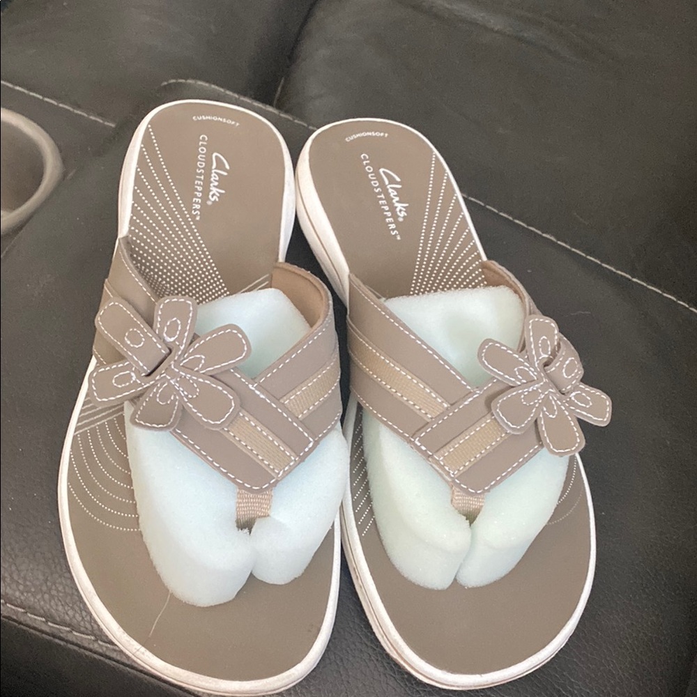 Clarks Tan Sandals with Cushioned Footbed and Textured Straps